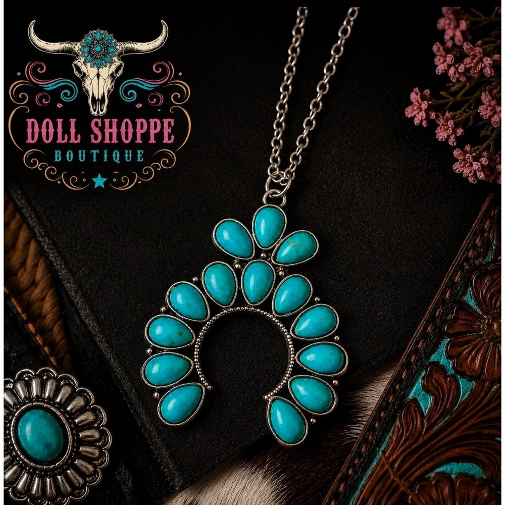Western Turquoise Squash Blossom Style Statement Necklace